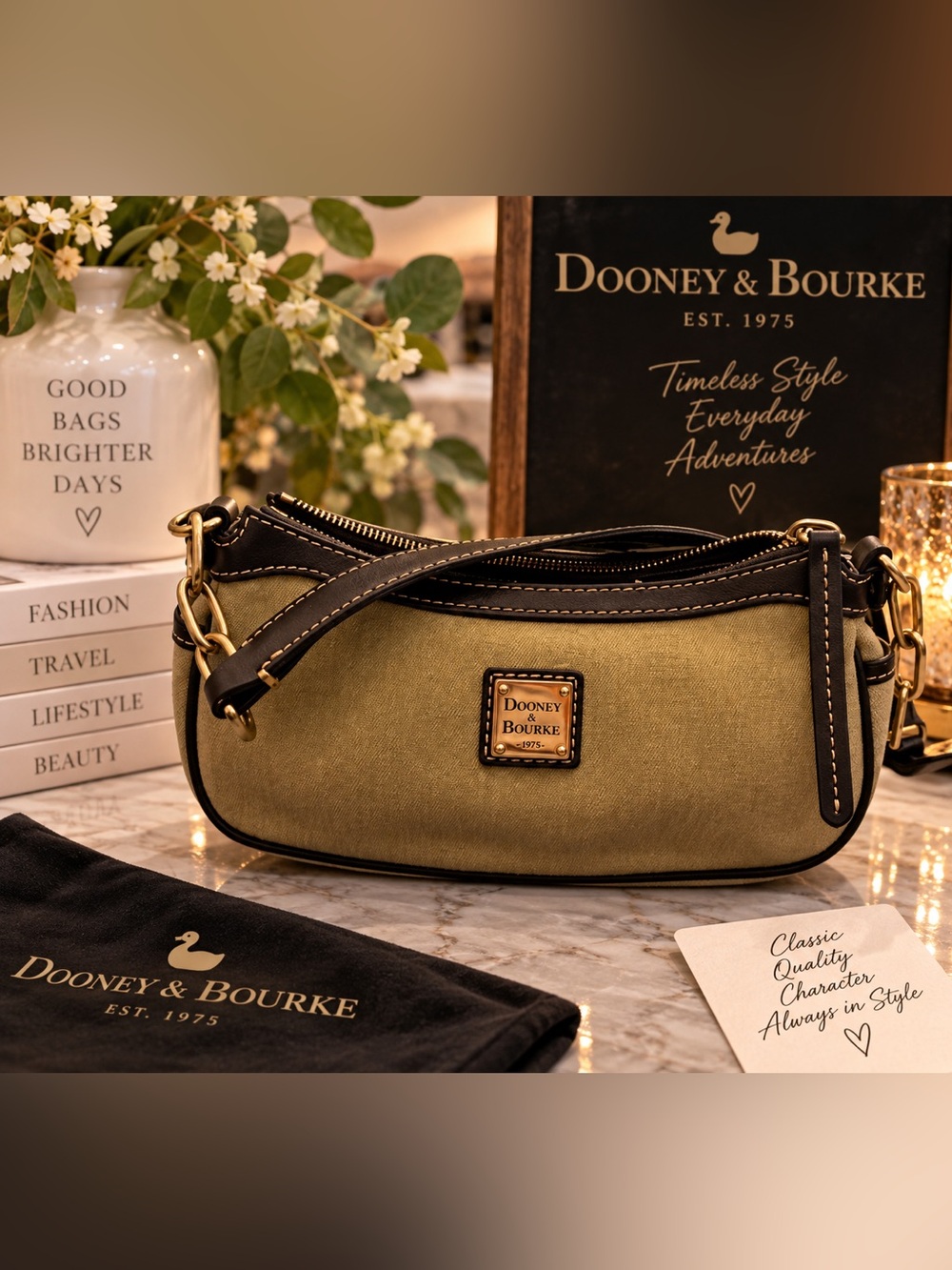 Dooney & Bourke Olive Canvas Mini Shoulder Bag with Dark Brown Trim